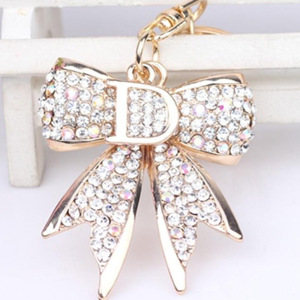 Christian Dior Style Crystal Embellished Bow Shaped Keychain/Bag Charm NWT